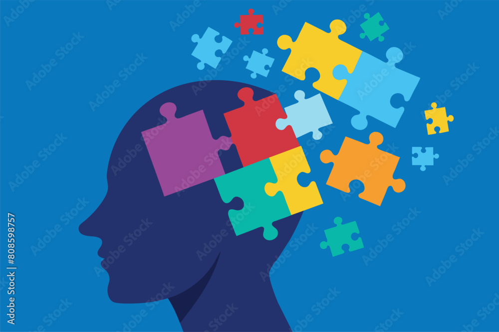 Human head silhouette with puzzle pieces, vector cartoon illustration. Artistic representation of human mind and cognitive processes with colorful jigsaw pieces. Human head silhouette with puzzle pieces, vector cartoon illustration. Artistic representation of human mind and cognitive processes with colorful jigsaw pieces.