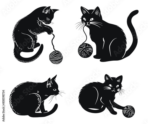Cat playing with yarn ball vector illustration. Different cats sitting hand drawn black on white background. Pet silhouette.