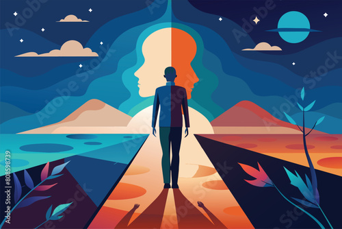 Man between two profile faces with celestial elements, vector cartoon illustration. Abstract depiction of person making choice or experiencing dichotomy, set against night sky backdrop.