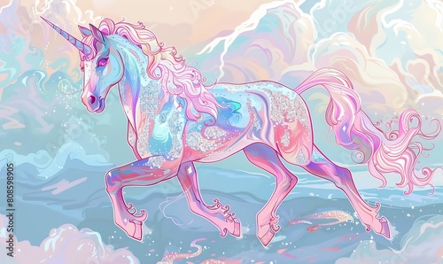 Unicorn jumps on the clouds