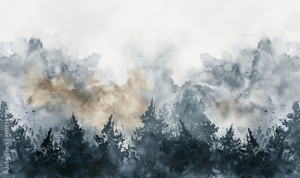Dark forest in fog