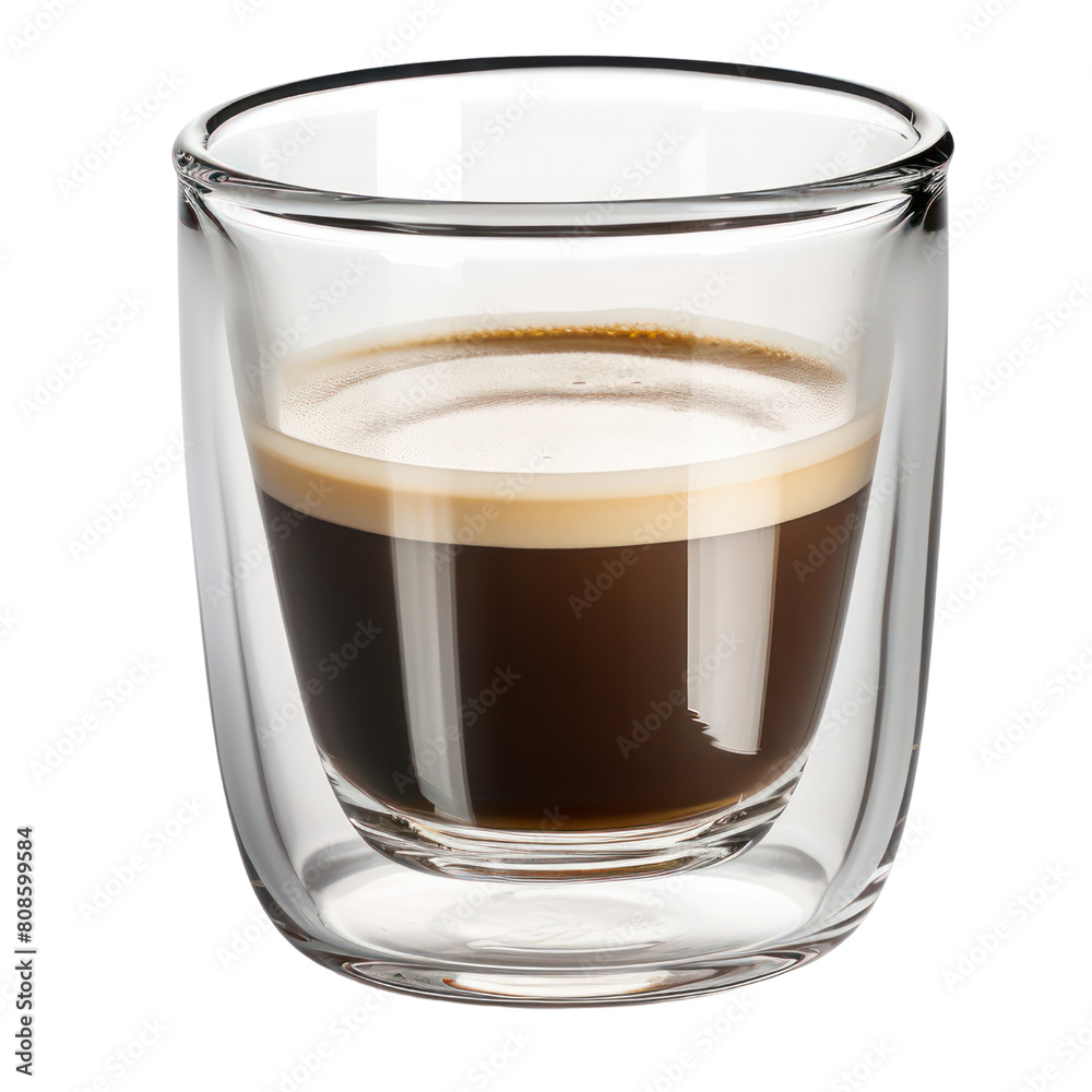 Transparent double-walled glass cup with a coffee drink inside. Transparent double-walled glass cup with a coffee drink inside.