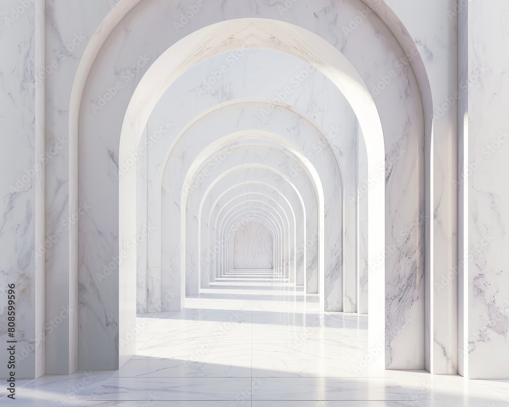 Minimalist arch framing a cathedral view white marble walkway lined with poles Minimalist arch framing a cathedral view white marble walkway lined with poles