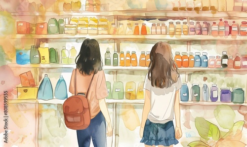 Girlfriends choosing cosmetics in a store