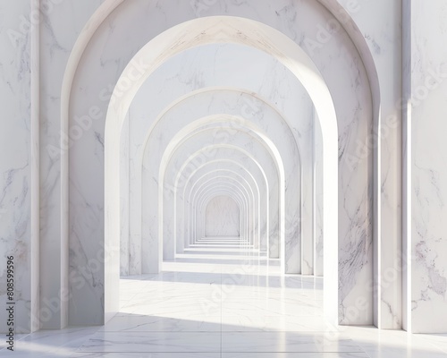 Minimalist arch framing a cathedral view white marble walkway lined with poles