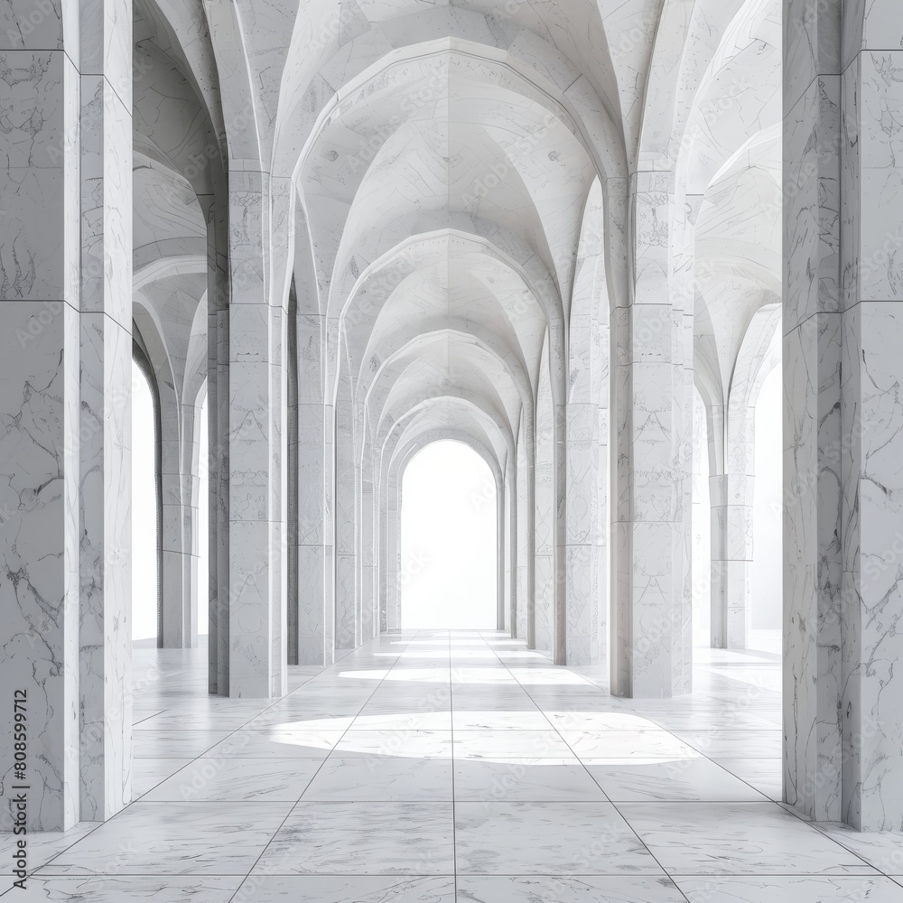 White marble cathedral with minimalist arches and sleek walkway poles White marble cathedral with minimalist arches and sleek walkway poles
