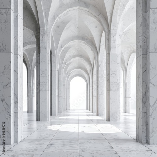 White marble cathedral with minimalist arches and sleek walkway poles