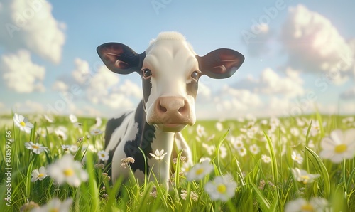 Cow on a flower field 3D photo