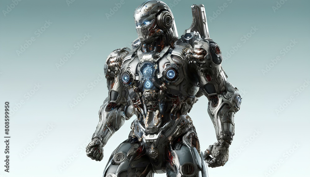 the images of the futuristic mechanical soldier, depicted in advanced, high-tech armor. The details highlight the sophistication and power of the soldier's gear. the images of the futuristic mechanical soldier, depicted in advanced, high-tech armor. The details highlight the sophistication and power of the soldier's gear.