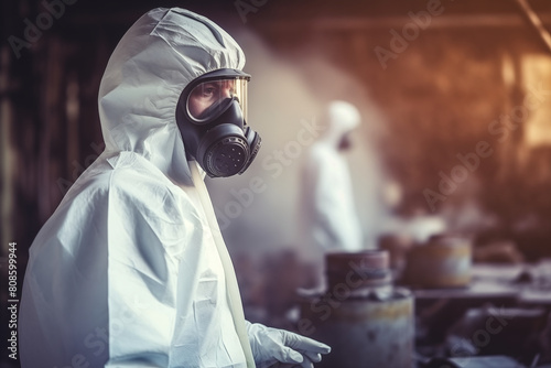 Man scientist in PPE Chemical Suit and hazmat suits inspector chemical gas leak spill with safety face mask in area close barricade security tape. dirty area spill cross stripe ribbon ai generated photo