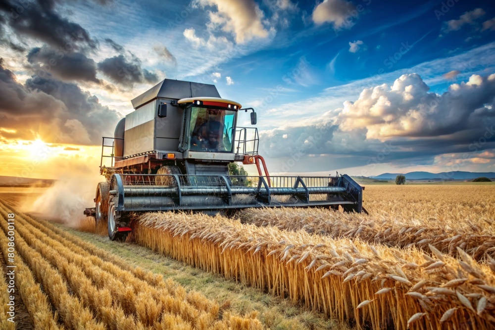 Fototapeta premium Agricultural industry and machinery.. A combine harvester removes golden ears of ripe wheat against the background of a ripening field. The concept of planting and harvesting a rich harvest.