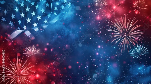 red, white and blue color American firework in night sky