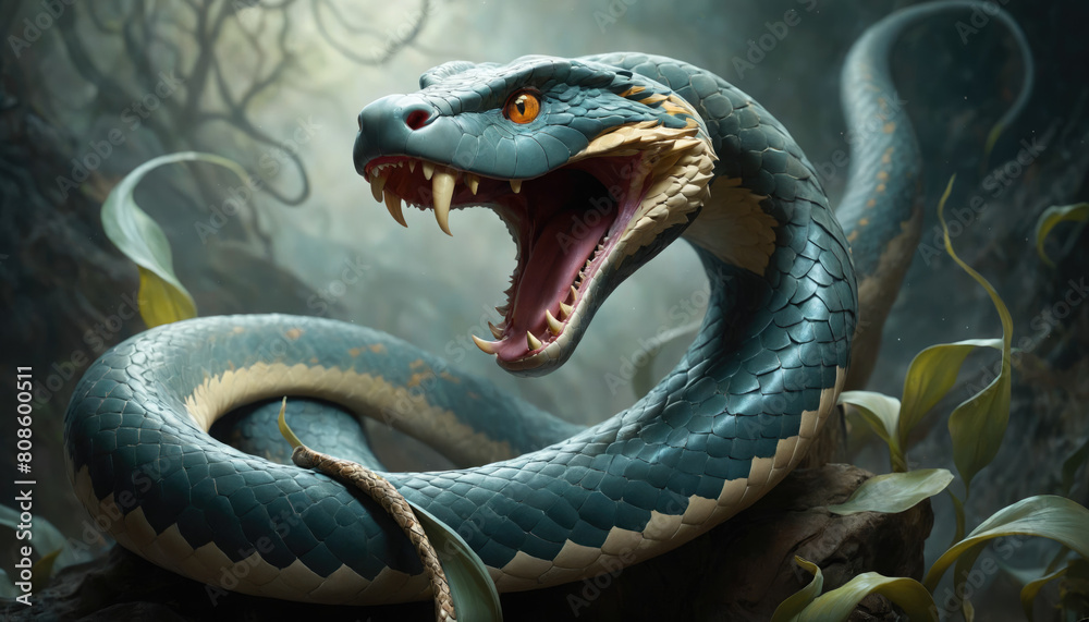 Fantasy Illustration of a wild snake. Digital art style wallpaper background. Fantasy Illustration of a wild snake. Digital art style wallpaper background.