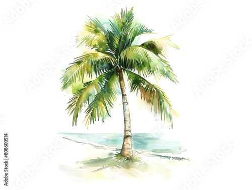 A watercolor painting of a palm tree on a beach