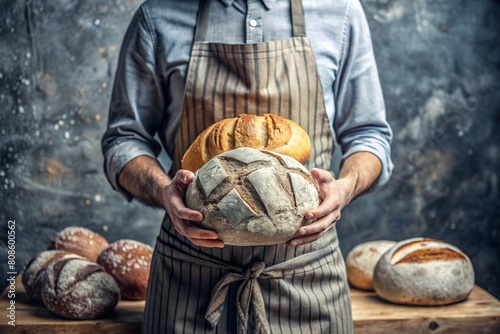 Fresh delicious bread in the hands of a male baker in close-up. Freshly baked sourdough bread with a golden crust. Bakery with delicious bread. Confectionery products.