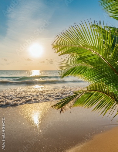 Seaside Serenade  Green Palm Leaf Blur with Abstract Sunlight Waves