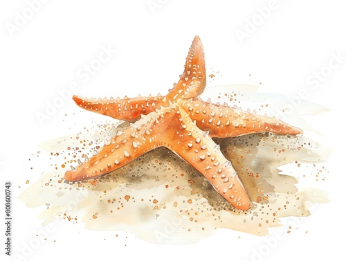A watercolor painting of a starfish on sand. The starfish is orange with five arms and the sand is beige.