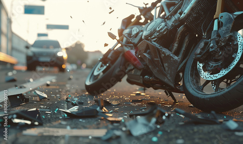 A crashed motorcycle after a serious collision with a car, with remains of the accident visible on the road. photo