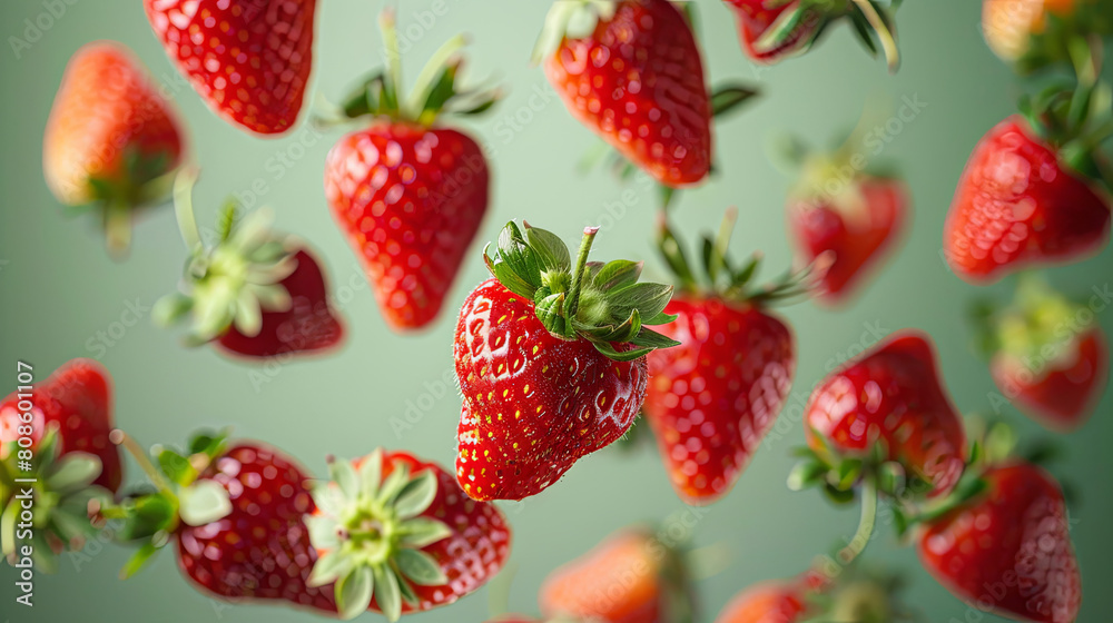 Flying fresh strawberries, green background Flying fresh strawberries, green background
