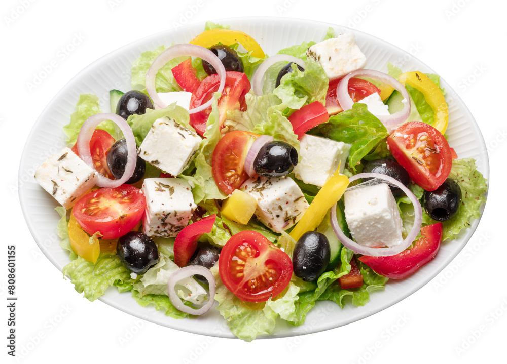 Greek salad on white plate isolated on white background. File contains clipping path. Greek salad on white plate isolated on white background. File contains clipping path.