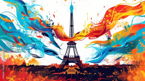 abstract bright poster illustration of Eiffel Tower, 2024 Summer Olympics, Paris photo