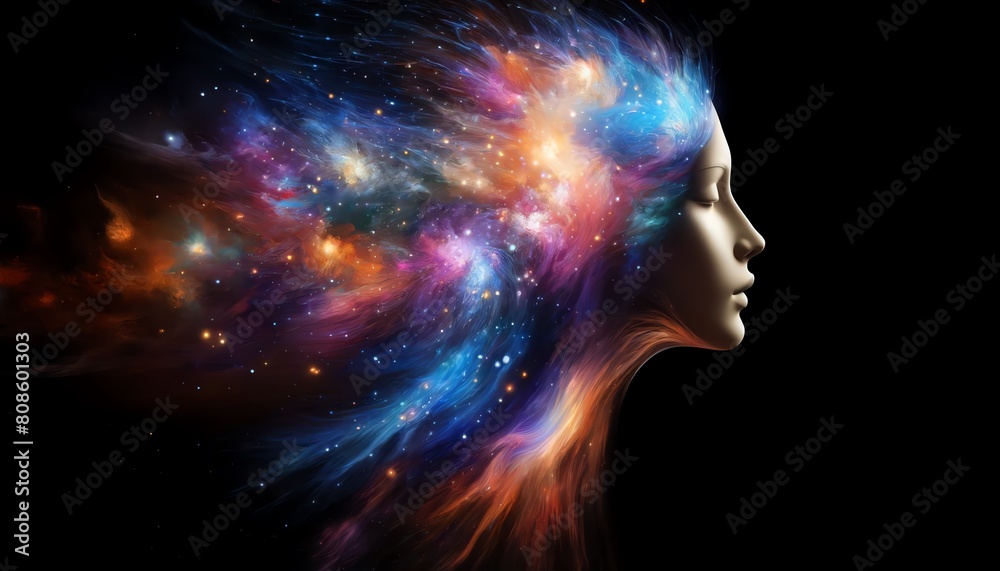 Obraz premium 3D Image of a woman's profile, transitioning into a cosmic explosion