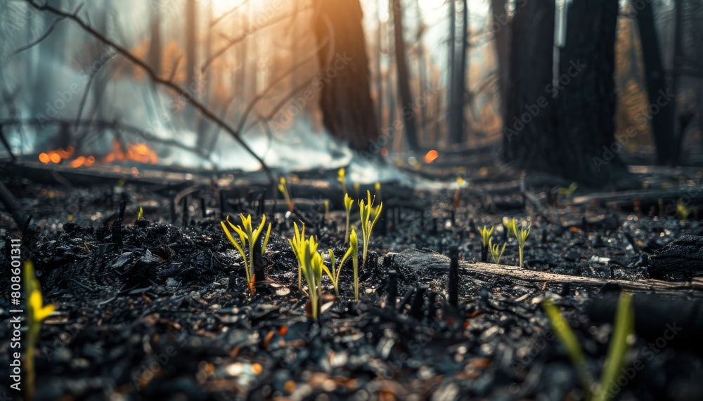 Recently extinguished forest fire with new sprouts of green bravely emerging from blackened earth Recently extinguished forest fire with new sprouts of green bravely emerging from blackened earth