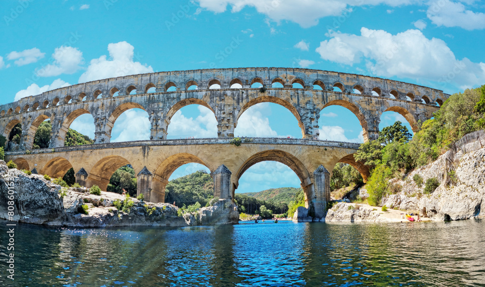 The Pont du Gard is an ancient Roman aqueduct, that is depicted  on five euro note. Summer 2022.