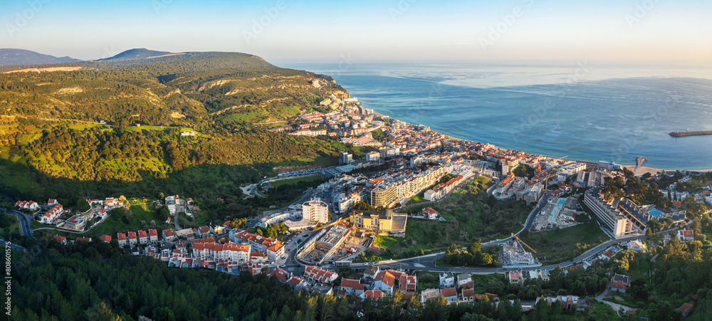 Cuadro en lienzo Drone aerial view on Sesimbra, fishing town in Setubal district in Portugal