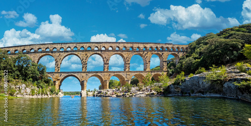 The Pont du Gard is an ancient Roman aqueduct, that is depicted on five euro note. Summer 2022.