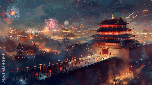 Watercolor traditional building fireworks illustration poster background © jinzhen