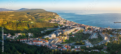 Drone aerial view on Sesimbra, fishing town in Setubal district in Portugal.