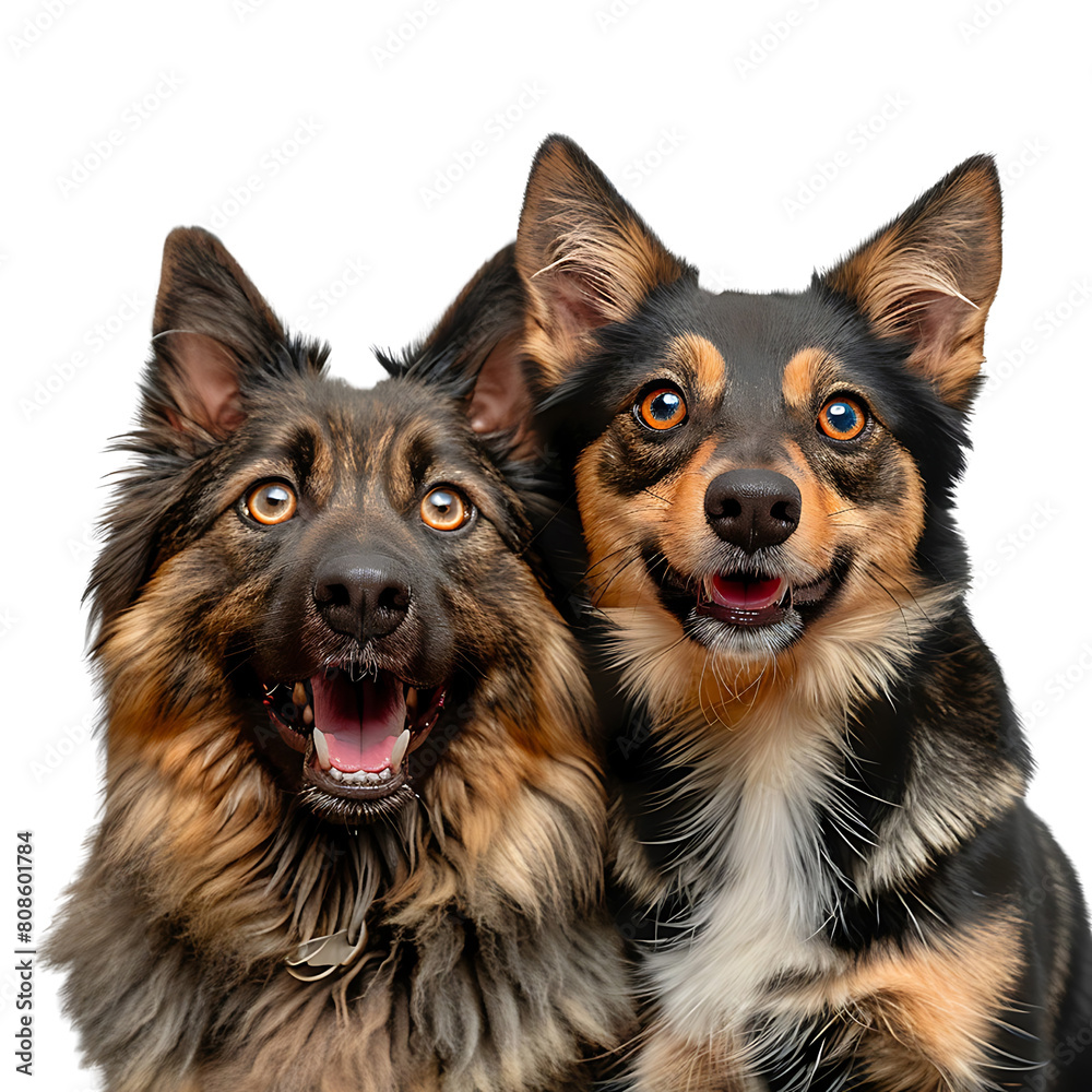 Portrait of Happy dog and cat that looking at the camera together isolated on transparent background.