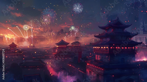 Watercolor traditional building fireworks illustration poster background photo