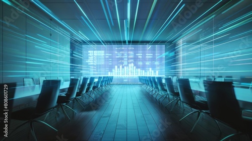 A corporate meeting room  empty and dim  with a holographic financial timeline graph moving dynamically towards the front  creating a sense of urgency