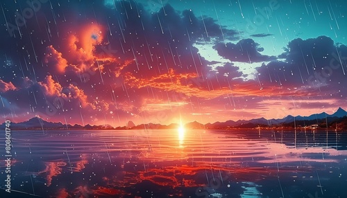 a sunset over a lake with rain falling and the sun shining through the clouds