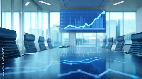 A highstakes investment meeting room with a floating line graph moving towards the front  casting insights across the unoccupied table