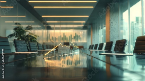 A highstakes investment meeting room with a floating line graph moving towards the front  casting insights across the unoccupied table
