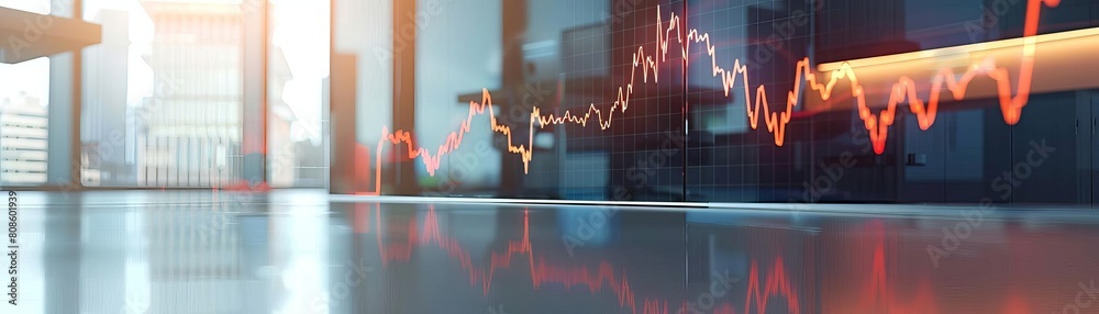 An animated financial chart in a light box glides towards the front of a minimalist office space, reflecting off the sleek surfaces An animated financial chart in a light box glides towards the front of a minimalist office space, reflecting off the sleek surfaces