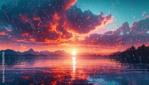 a sunset over a lake with rain falling and the sun shining through the clouds