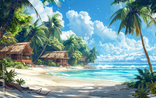 Summer background with beach accessories and flip-flops on wooden table against blue sky  sun rays  sea waves and palm tree leaves. Concept of vacation at the summer season