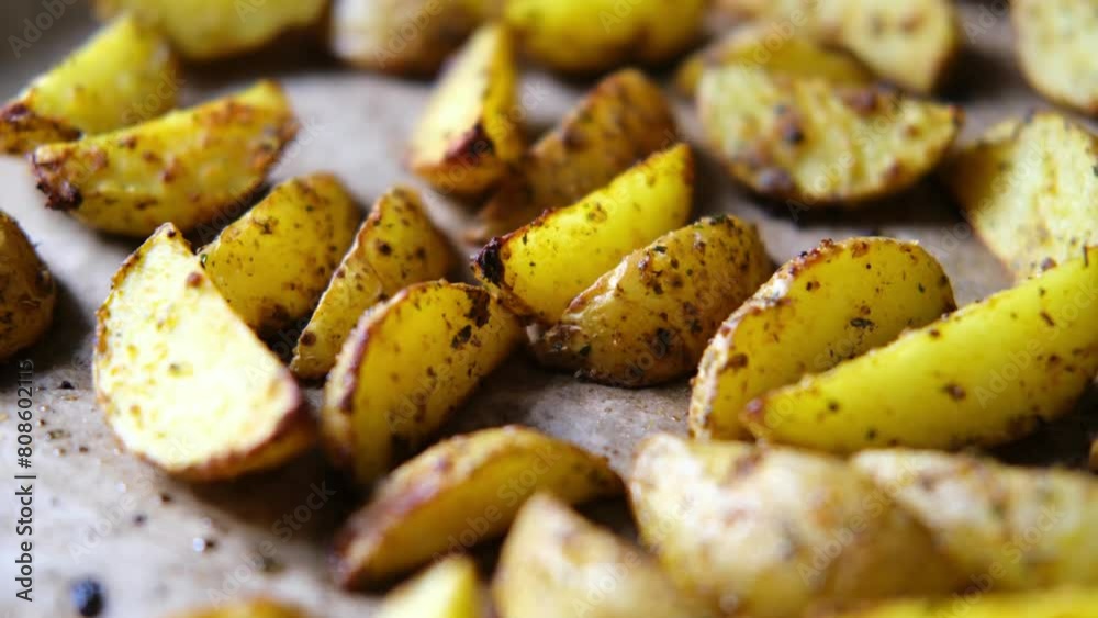 Slices of potatoes baked in the oven with spices. Slices of potatoes baked in the oven with spices.