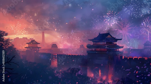 Watercolor traditional building fireworks illustration poster background photo