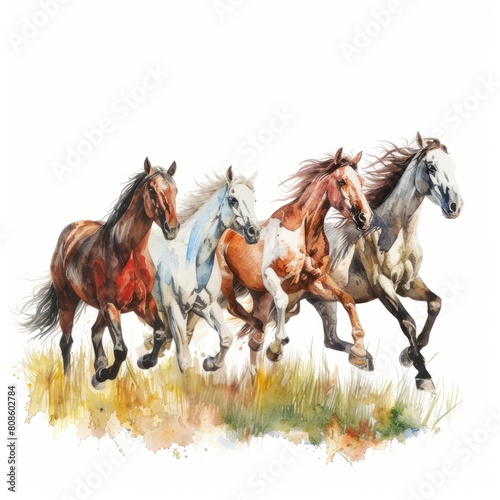 Watercolor painting of a herd of wild horses galloping across a field  on isolated white background  Generative AI