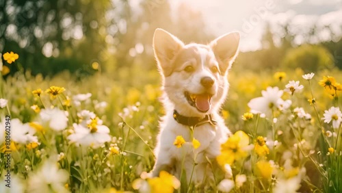 Happy Puppy Flower Meadow Motion Video Wallpaper photo