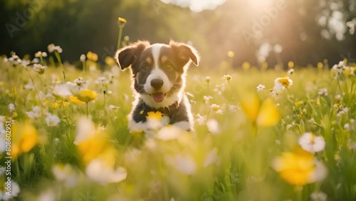 Cute dog happy puppy on flower field video loop motion backdrop photo
