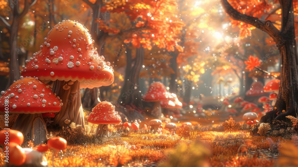 A mystical autumn forest scene filled with large, vibrant red mushrooms sparkling with magical dust under a golden sunlight.