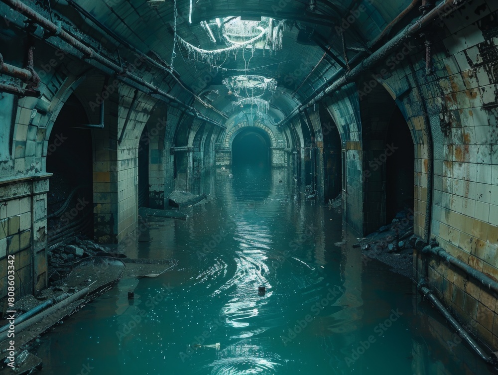 Eerie view of an abandoned, water-filled underground tunnel with decaying architecture and a haunting atmosphere. Eerie view of an abandoned, water-filled underground tunnel with decaying architecture and a haunting atmosphere.