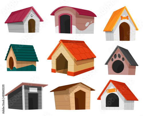 Dog house icon set. Cartoon pet accessory. Petshop supermarket item. Empty pet home with roof. House for domestic animal. Isolated flat vector illustration