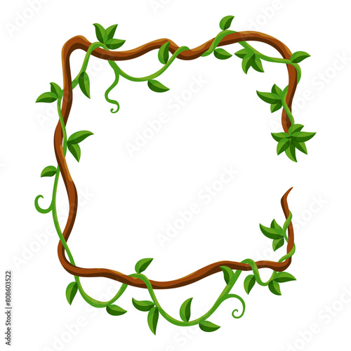 Liana jungle frame. Rainforest liana wild greenery. Cartoon plant, creeper branch. Grass and wood leaf sign. Botany texture. Vector forest game element
